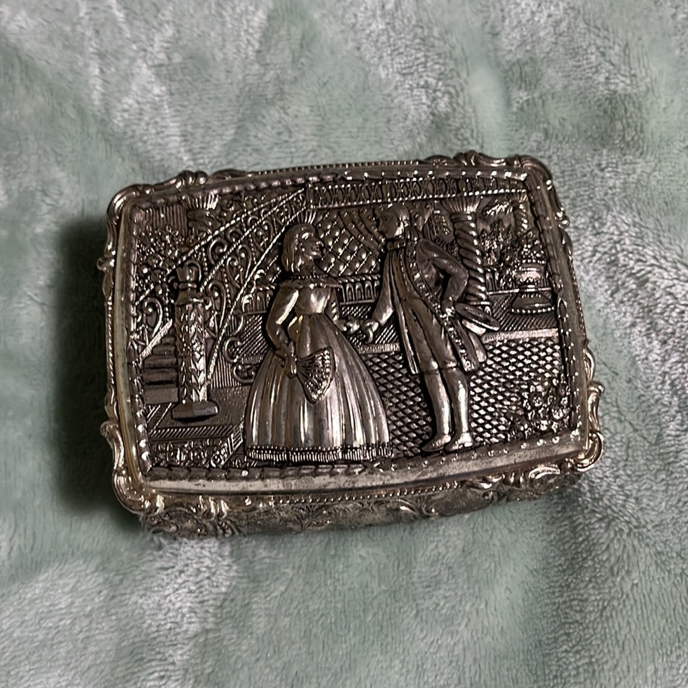 1950’s Colonial Revival Embossed Silver Plate Jewelry Box, Japan